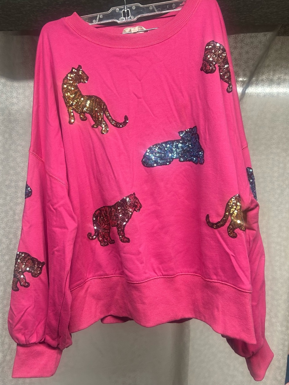 Peach Love California Bright Pink Sequin leopard sweatshirt